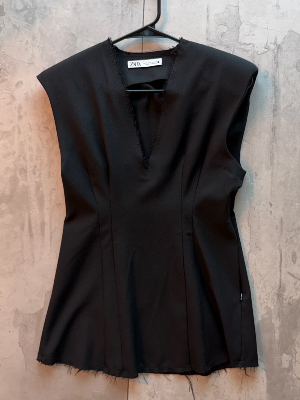Zara Black Frayed-Edge Structured Sleeveless Top